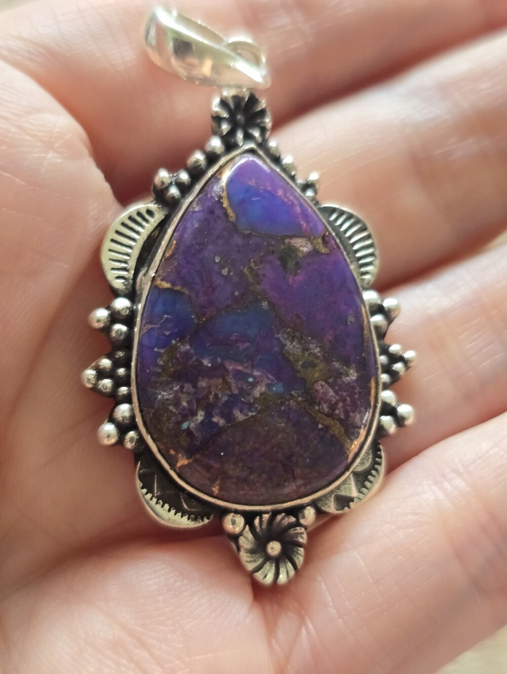 Fancy Purple Dahlia Turquoise Pendant In Silver Plated Copper, Southwestern